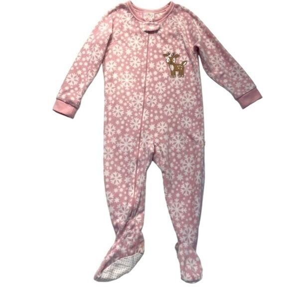 Pink Snowflake Deer Fleece Footie Pajamas Full Zip girls Size 4T - Picture 9 of 9